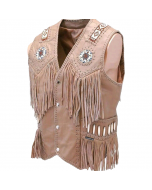 Cowhide Vest Fringes Leather braid around Men's Western beads bones