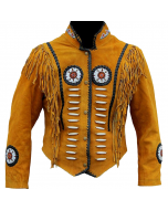 Western Women's Native Suede Leather Jacket with Fringe and bone beads