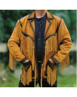 Cowboy Golden Brown Leather Jacket Western Style With Fringe