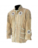 Cowboy Western Men Suede Leather Jacket & Bead Work With Fringe