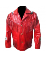 Cowboy Western Style Red Suede Leather Jacket With Fringe & Bead Work
