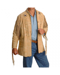 Cowboy Mens Suede Leather Jacket With Fringes Beads