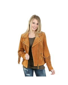 Women Western Style Suede Leather Jacket Fringe & Zip Closure - Tan Brown